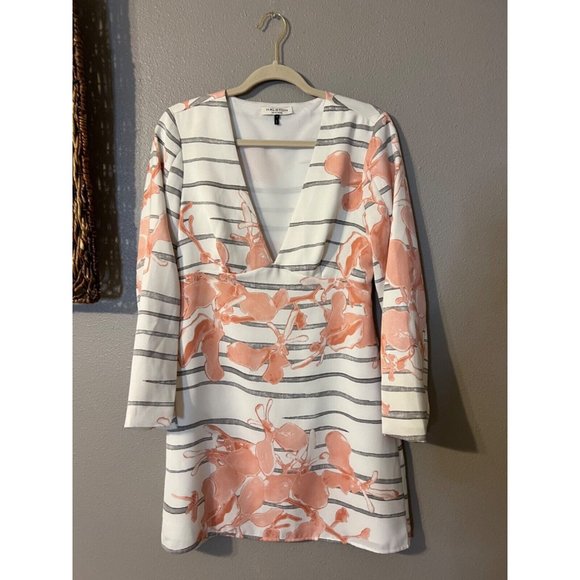 Halston Heritage Dress 6 Stretch Deep V Slit Sleeve Ivory Black Orange - Picture 6 of 8